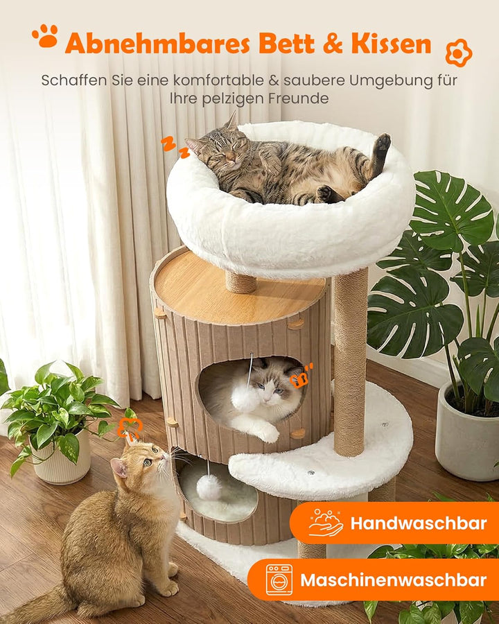 Luxus Kratzbaum mit 2-stöckiger Kratztonne | Katzenbaum mit Katzenschlafhaus, Sisalbrett,abnehmbarem