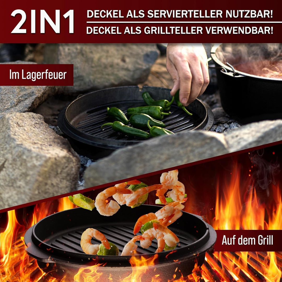 GUSSKÖNIG Dutch Oven Set [9L ] - Eingebrannter Feuertopf mit praktischem Deckelheber und Edelstahl U