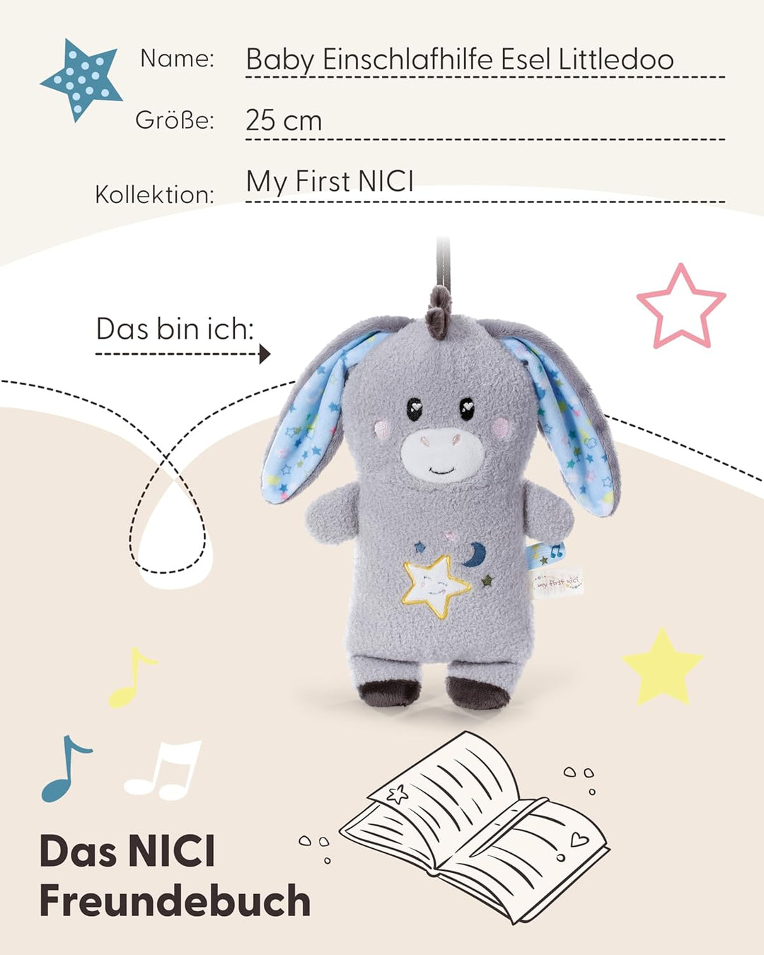 NICI Baby Einschlafhilfe Kuscheltier Esel Littledoo 25cm multifunktional in Geschenkbox - grau - Plü