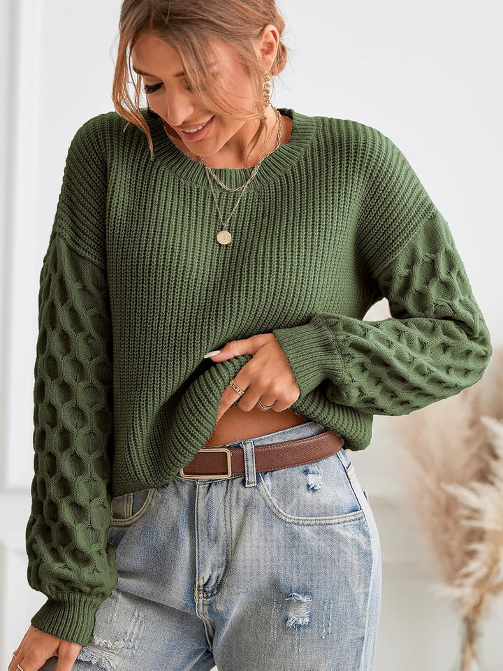 CUPSHE Damen Strickpullover Rundhals Langarm Feinstrick Pulli Jumper Oberteile Tops Honeycomb Knit S