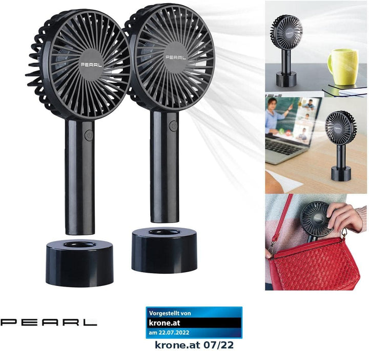 PEARL Akku Handventilator: 2er-Set 2in1-Hand- & Tisch-Ventilatoren, Akku- & USB-Betrieb, 3-stufig (V
