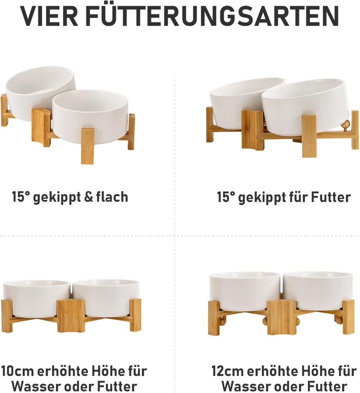 SPUNKYJUNKY Kippbarer Hundenapf Keramik Doppel Hund Futternapf mit Bambus Ständer 0° und 15° Neigung