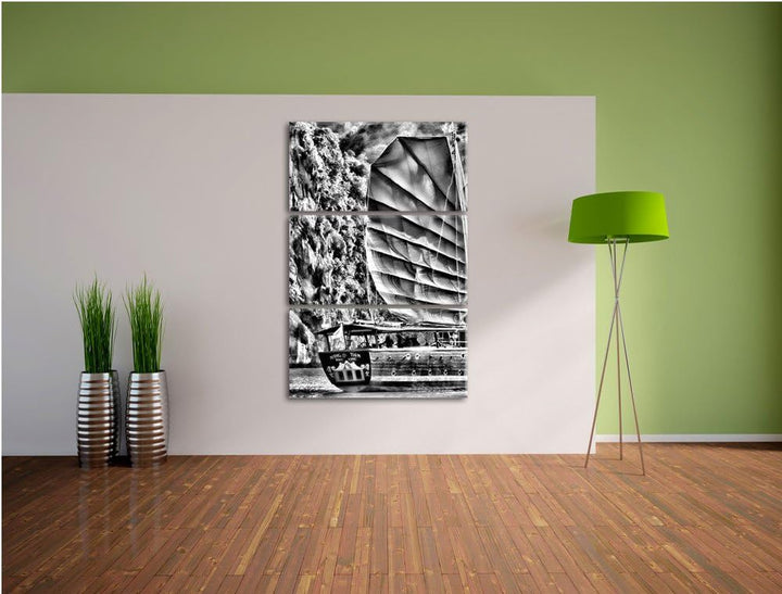 Pixxprint Segelschiff im Sonnenuntergang 3Teiler 120x80 cm Leinwandbild Wandbild Kunstdruck