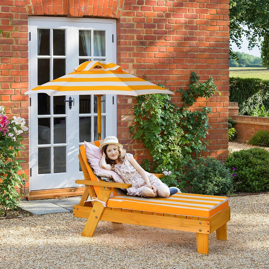 COSTWAY Kinder Sonnenliege mit Sonnenschirm und Auflage, Gartenliege aus Holz, Kinderliege, Holzlieg