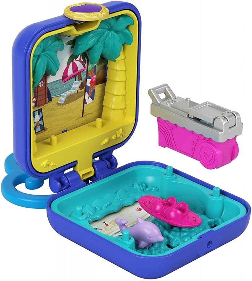 Polly Pocket GKJ44 - Shanis Tropischer Strand-Schatulle mit mobilem Eiswagen, Surfbrett, Delfinfigur