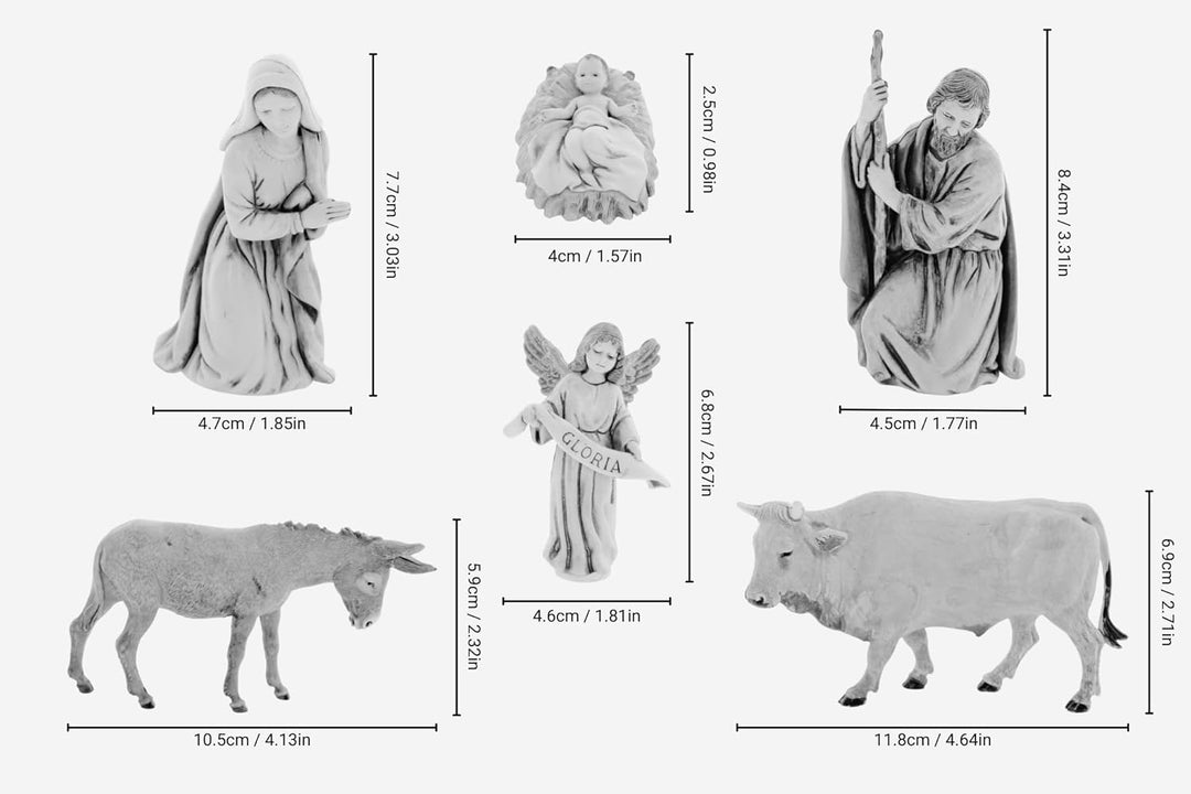 Moranduzzo Geburtsszene 6 Figuren für Krippe 11 cm Massstab 1:20 - Unzerstörbare Krippenfiguren - St