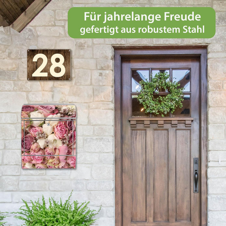 banjado® Design Briefkasten personalisiert mit Motiv Strauss Rosen 39x47x14cm & 2 Schlüssel - Briefk