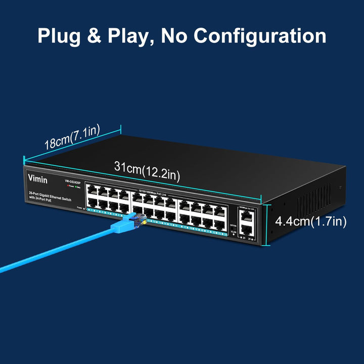 VIMIN 24-Port Gigabit PoE Switch mit 2 Uplink Gigabit Ports, 26-Port Unmanaged Ethernet PoE Switch m
