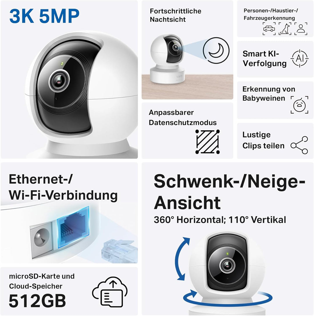 Tapo C232 360° KI-WLAN-Überwachungskamera, Ethernet/WLAN, 3K 5MP, Bewegungsverfolgung, Nachtsicht, Z