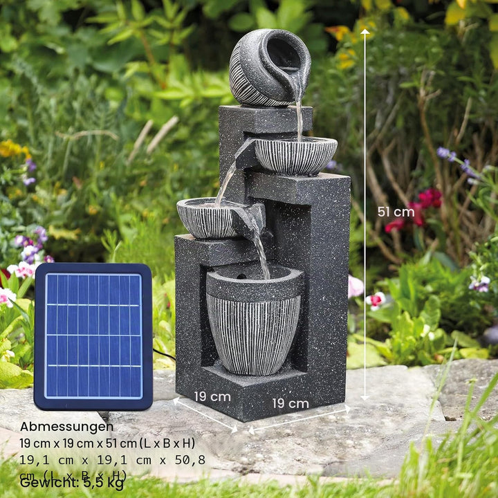 BTGGG Solarbrunnen für Draussen,4-Stufiger Kaskaden Solar Springbrunnen Gartenbrunnen mit LED-Licht