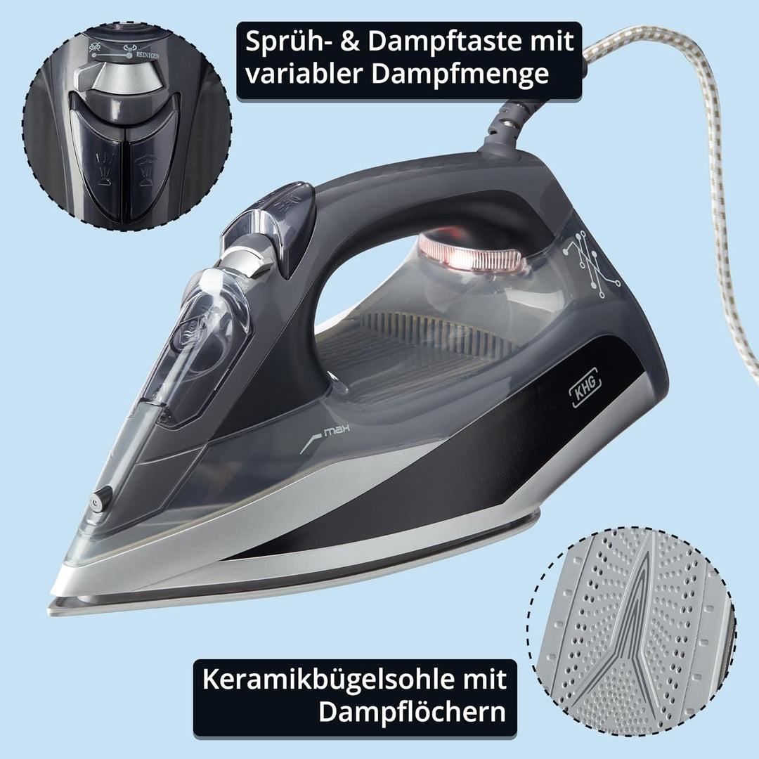 KHG Bügeleisen Dampfbügeleisen DB-2600G, Keramik-Bügelsohle Vertikaldampf - Anti-Kalk & Anti-Tropf-F