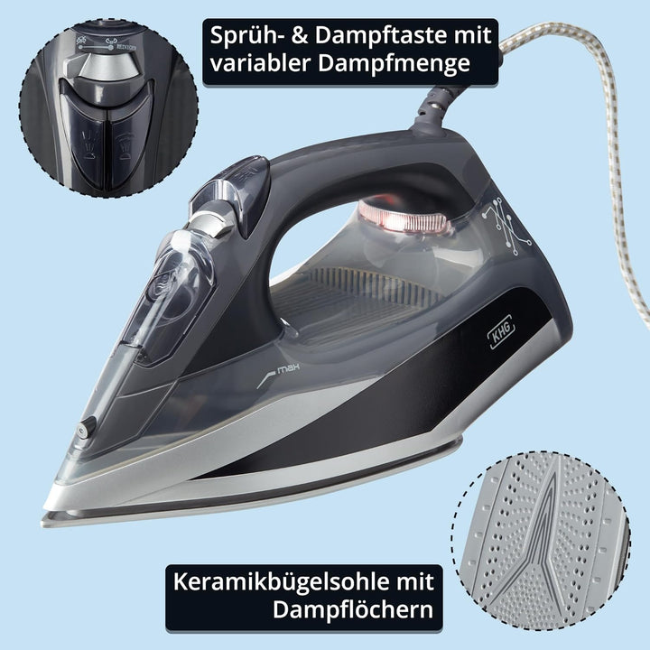 KHG Bügeleisen Dampfbügeleisen DB-2600G, Keramik-Bügelsohle Vertikaldampf - Anti-Kalk & Anti-Tropf-F