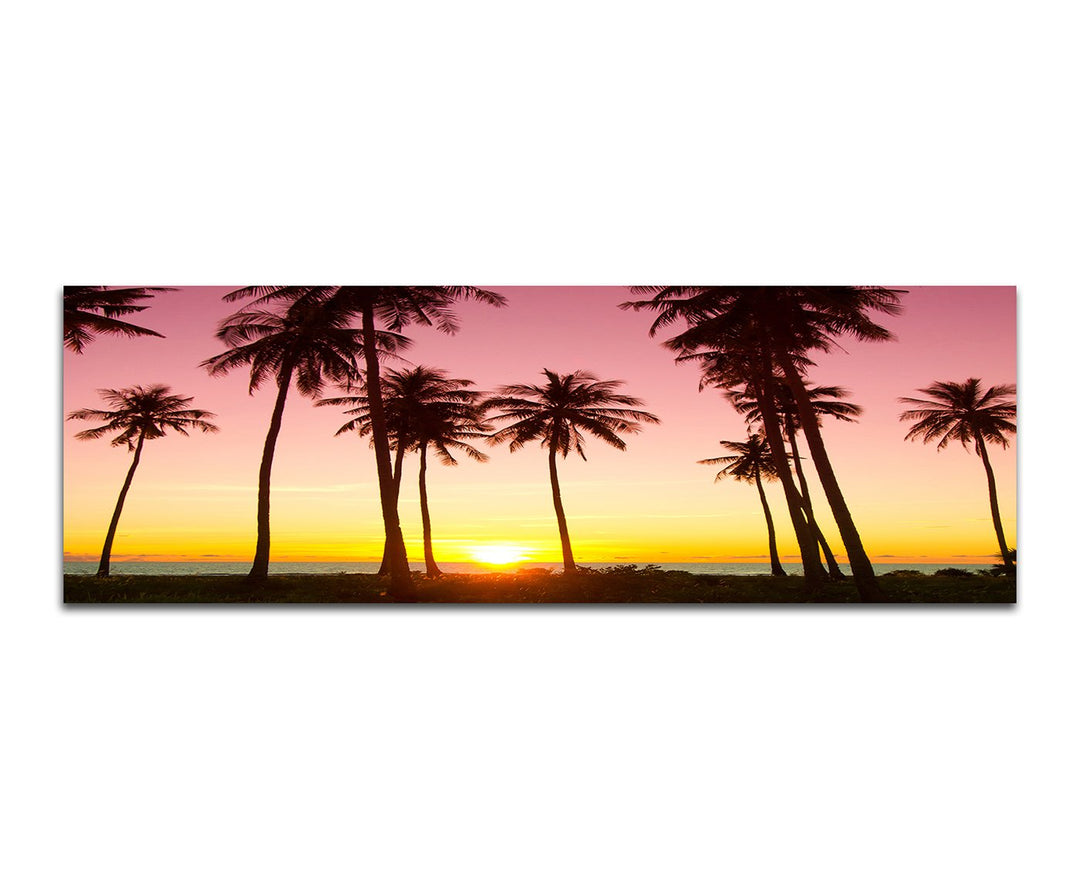 Panoramabild auf Leinwand und Keilrahmen 150x50cm Meer Strand Palmen Sonnenuntergang
