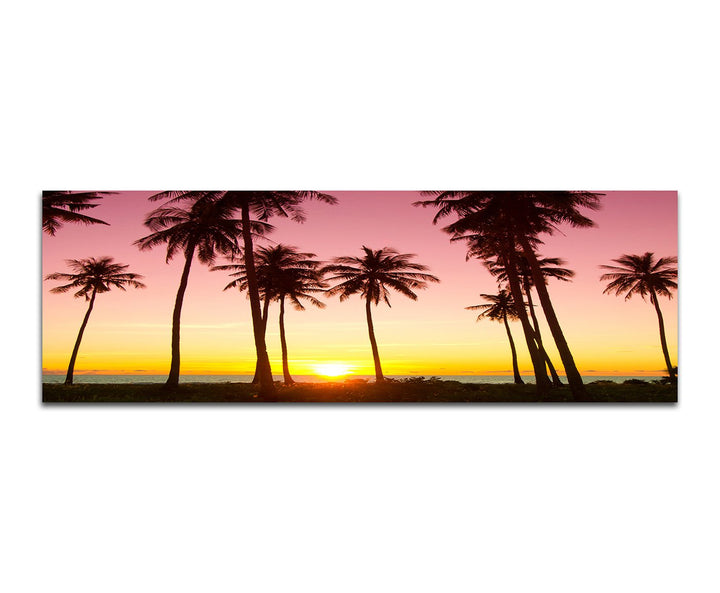 Panoramabild auf Leinwand und Keilrahmen 150x50cm Meer Strand Palmen Sonnenuntergang