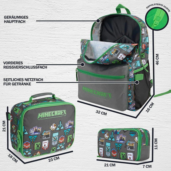 Get Trend Minecraft Grosser Rucksack Kinder 3er Set, 46 cm Kinderrucksack mit Federmäppchen und Isol