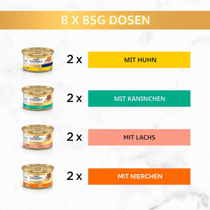 Gourmet Gold Mousse Katzenfutter, Nassfutter mit Huhn, Lachs, Nieren und Kaninchen - 8x85g - 6er Box