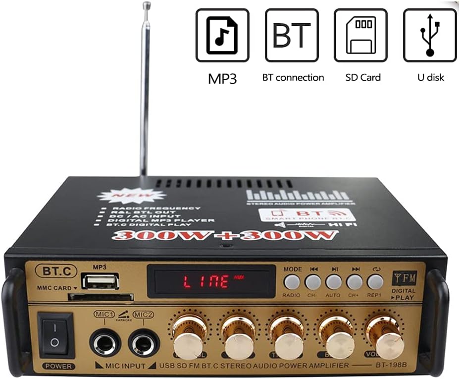 Etlephe Mini Verstärker,HIFI Verstärker,Bluetooth 5.0-Stereo Audio,12 V 220 V 600 W, 2 Kanäle, LCD-D