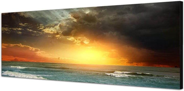 Paul Sinus Art Panoramabild auf Leinwand und Keilrahmen 150x50cm Strand Meer Wolkenhimmel Sonnenunte