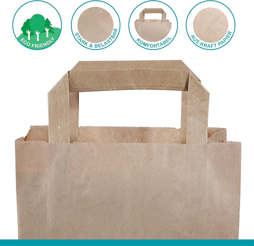 Commerline Papiertüten 250 Stück, Braun, 18+8x22 cm | Kraftpapier Tüten Klein Mit Henkel | Tragetasc