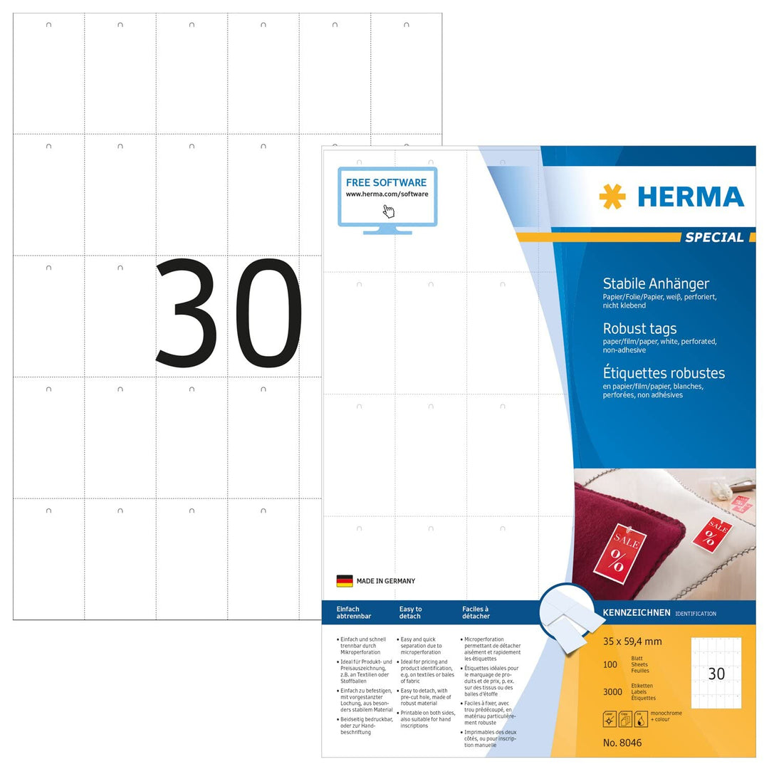 HERMA 8046 Stabile Anhänger perforiert, 100 Blatt, 35 x 59,4 mm, 30 Stück pro A4 Bogen, 3000 Preisan