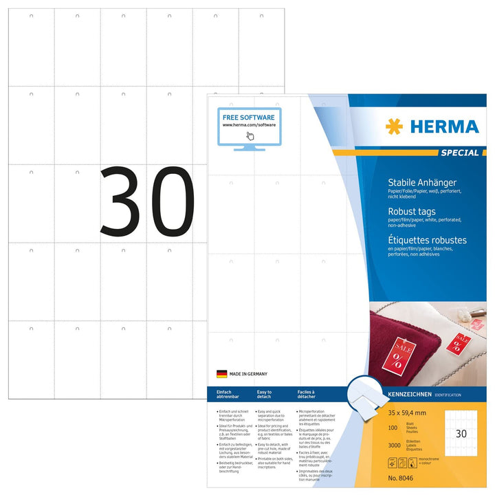 HERMA 8046 Stabile Anhänger perforiert, 100 Blatt, 35 x 59,4 mm, 30 Stück pro A4 Bogen, 3000 Preisan