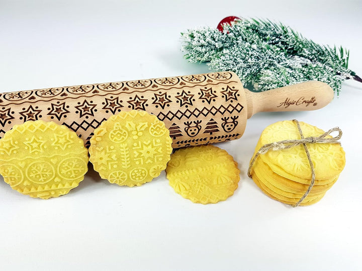 WINTER Nudelholz mit Muster Weihnachten Backen - Teigroller Holz für DIY Weihnachten Plätzchen und K
