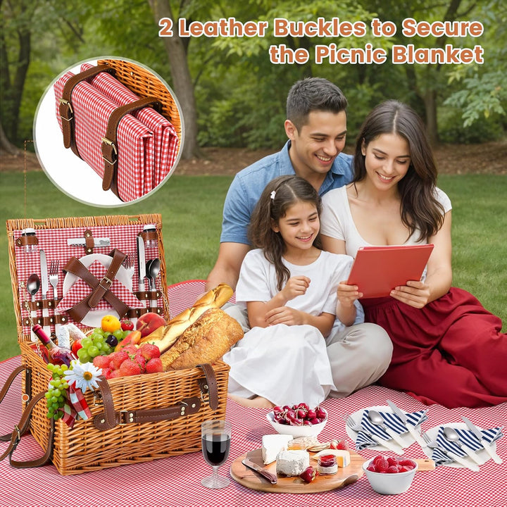 Premium Picknickkorb-Set für 4 Personen, Weidenkorb mit Kühlfach, Wasserdichter Decke, Tellern, Gläs