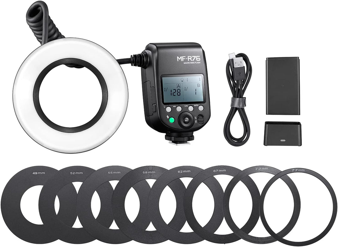 Godox MF-R76 Macro Ring Blitzlicht GN14 10 Stufen einstellbare Helligkeit mit 8 Stück Adapterring Gr