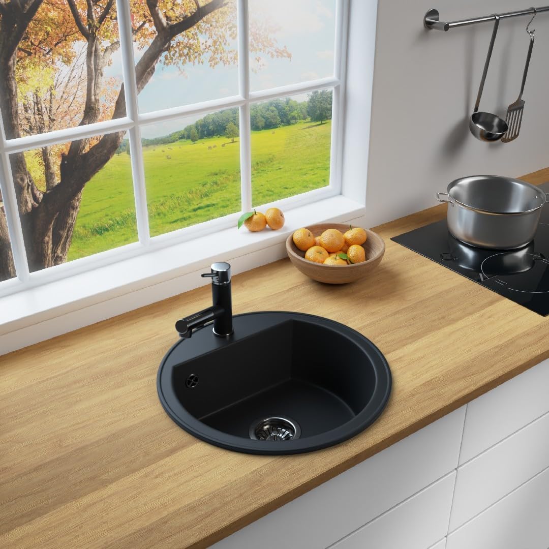Rein Schwarz LINDBERGH® Granit Spüle mit Armatur "TON44 + 1-Nero" + Siphon Einbauspüle Küchenspüle S