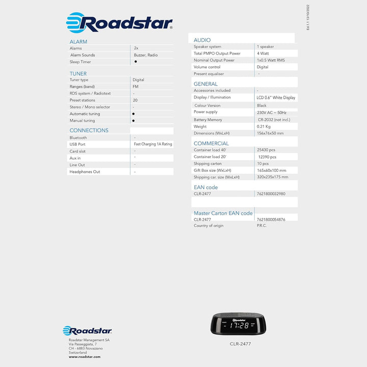 Roadstar CLR-2477 Radiowecker, Digitaler Radio PLL-FM, Zwei Weckzeiten und Schlaf Timer, USB-Anschlu