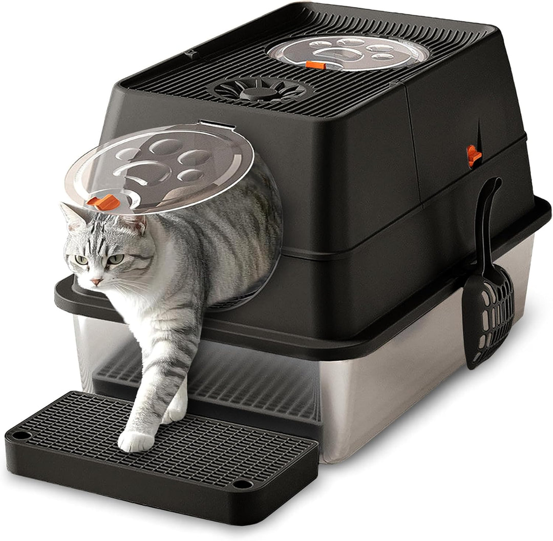 CALIYO Katzentoilette, Katzenklo Edelstahl mit Deckel, 3 in 1 Cat Litter Box, Katzenklo mit Schaufel