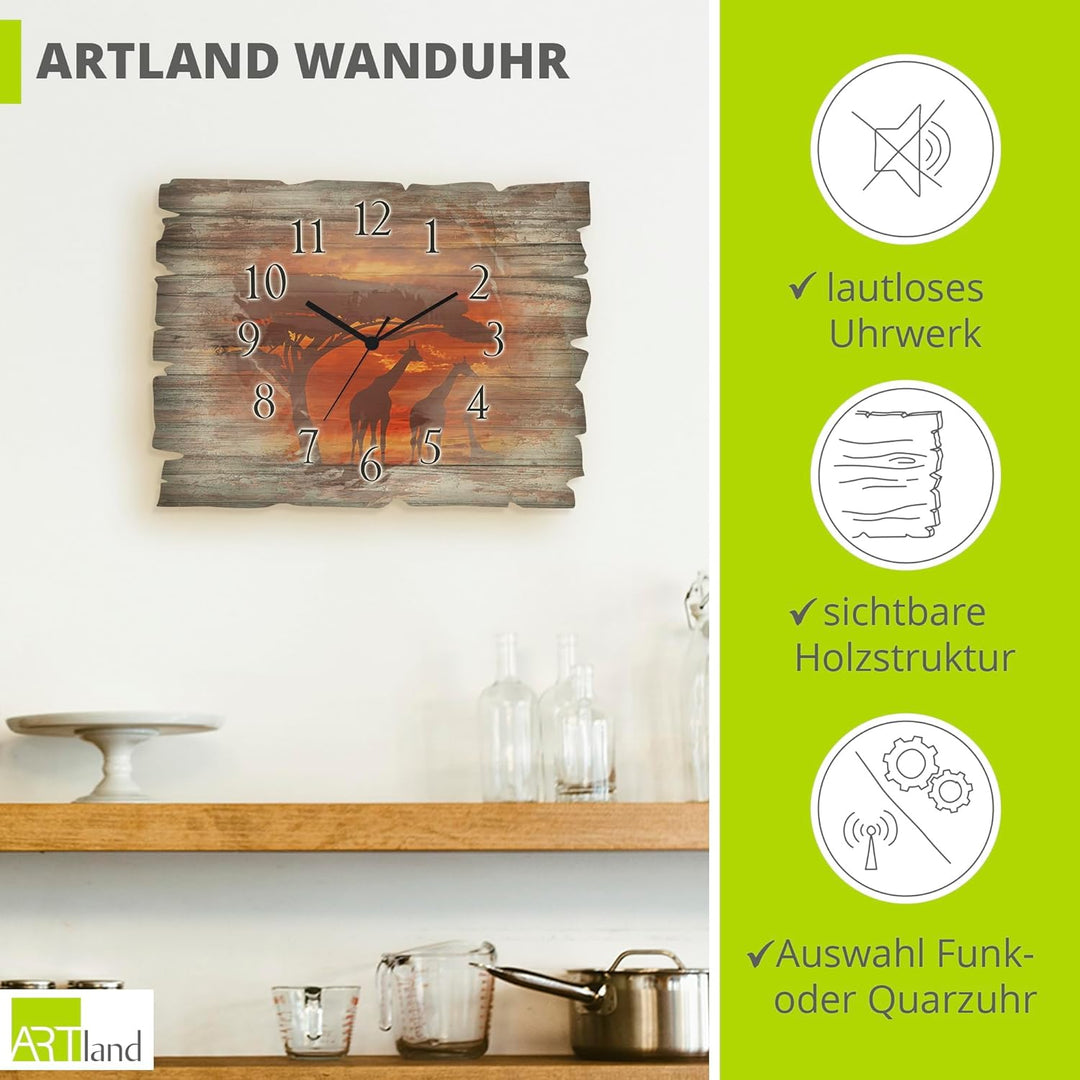 ARTLAND Wanduhr ohne Tickgeräusche aus Holz Funkuhr 40x30 cm Rechteckig Lautlos Afrika Tiere Giraffe