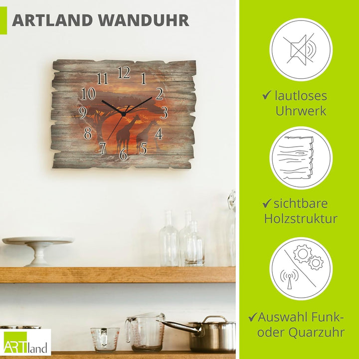 ARTLAND Wanduhr ohne Tickgeräusche aus Holz Funkuhr 40x30 cm Rechteckig Lautlos Afrika Tiere Giraffe