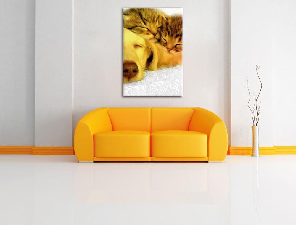 Pixxprint niedlicher Welpe kuschelt mit süssen Kätzchen, Format: 80x120 auf hochkantiges Leinwand, X