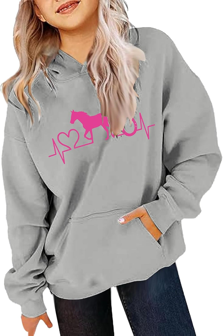 Generisch Mädchen Hoodie Pferde Pullover Kinder Pferde Liebe Sweatshirt Langarm Casual Kapuzenpullov