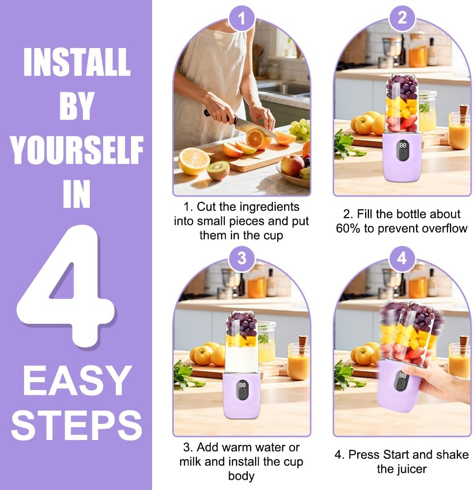 Tragbarer Mixer Smoothie Maker, 500 ml Mixer Smoothie Maker to Go mit Digitalanzeige, 16-Blatt MIXER