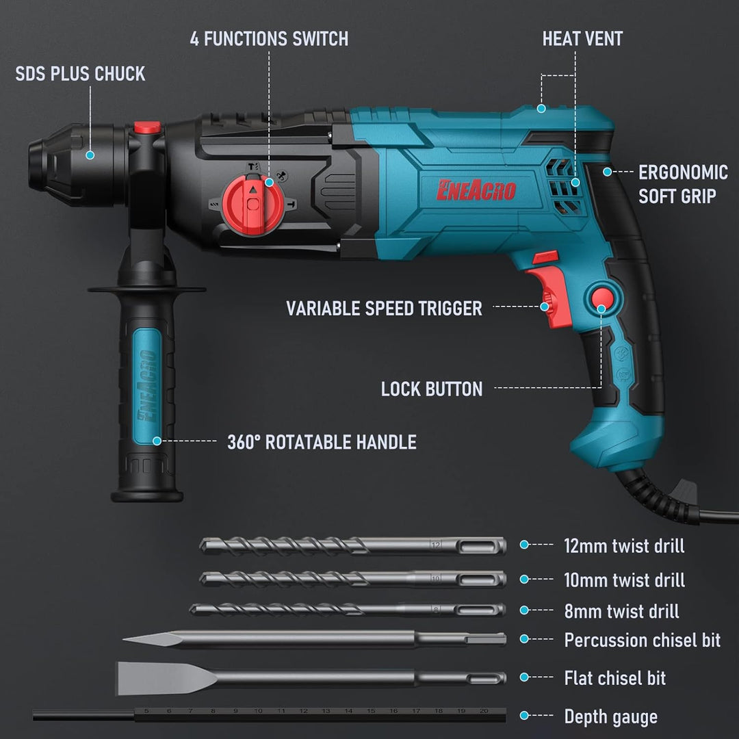 ENEACRO SDS-Plus Bohrhammer, 6 Variable Geschwindigkeit mit 4 Funktionen, Sicherheitskupplung, 26 mm