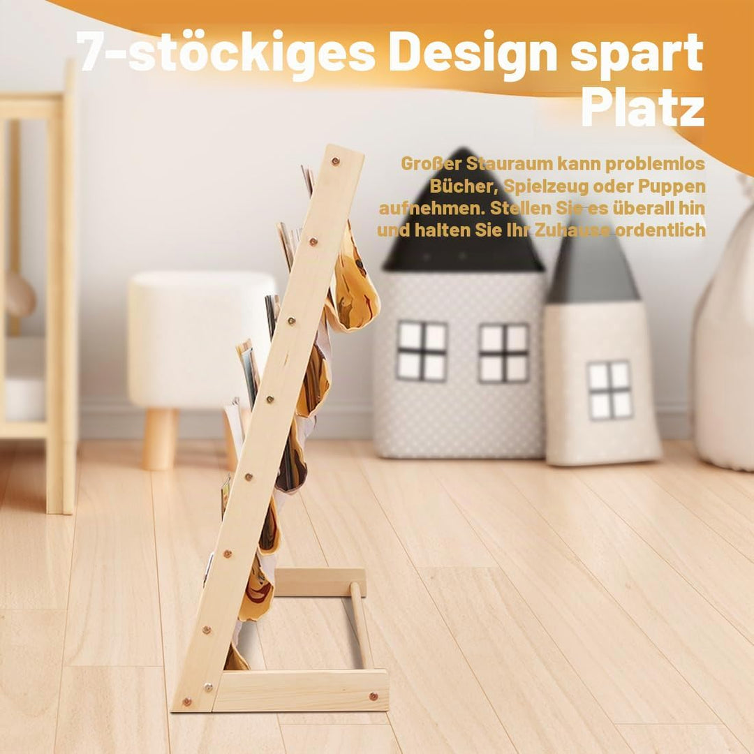 Kinder Bücherregal, 75x 30 x 79 cm Montessori Bücherregal mit 6 Ebenen und Stofffächern, Offenes Kin