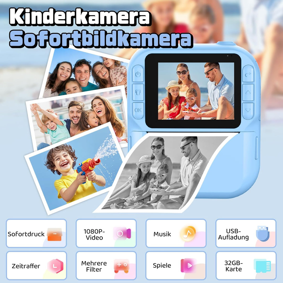 Kinderkamera Sofortbildkamera, 1080P Sofortbildkamera Kinder mit 32GB Karte & 3 Rollen Druckpapier,