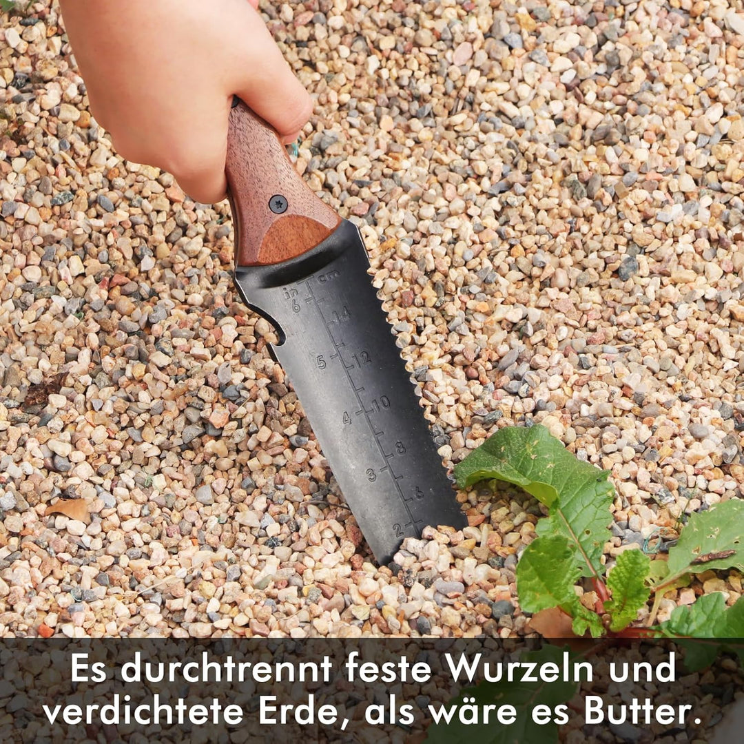 RESTMO Hori Hori Gartenmesser, Doppelseitige Edelstahlklinge mit Sägezahnung, Tiefenskala & Nylonsch