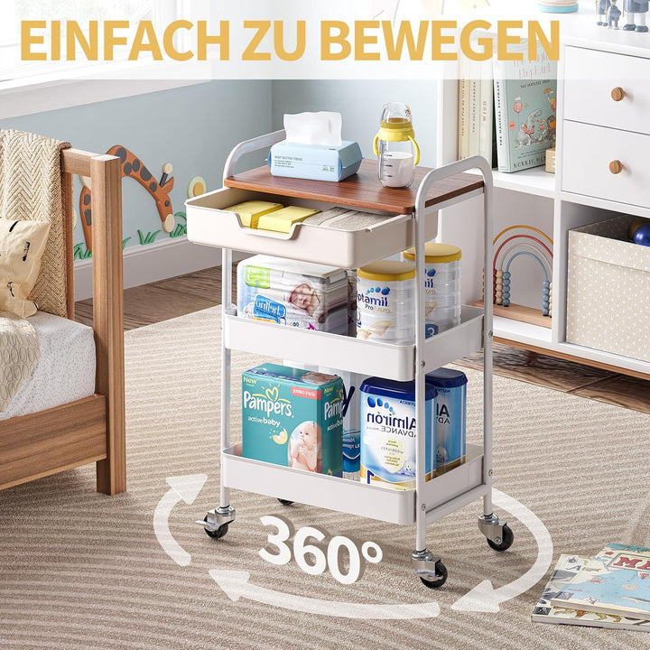 KINGRACK Aufbewahrungswagen 3-Ebenen mit Tischplatte, Multifunktionswagen aus Metall für Küche, Haus