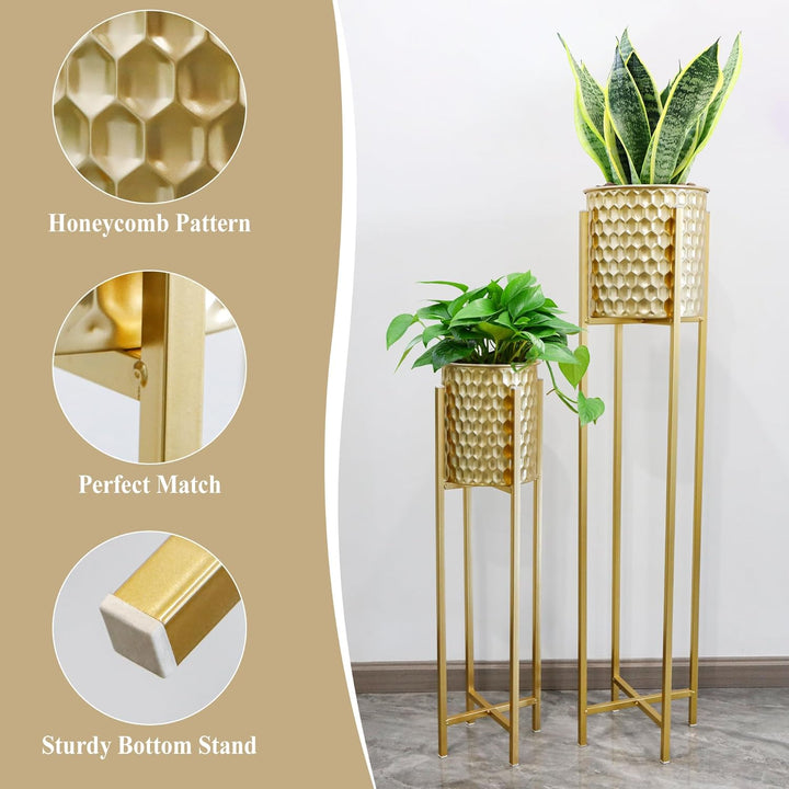 TRIROCKS Set von 2 hohen Pflanzgefässen mit Ständer Innen Aussen Metall Gold Pflanzgefässe für Pflan