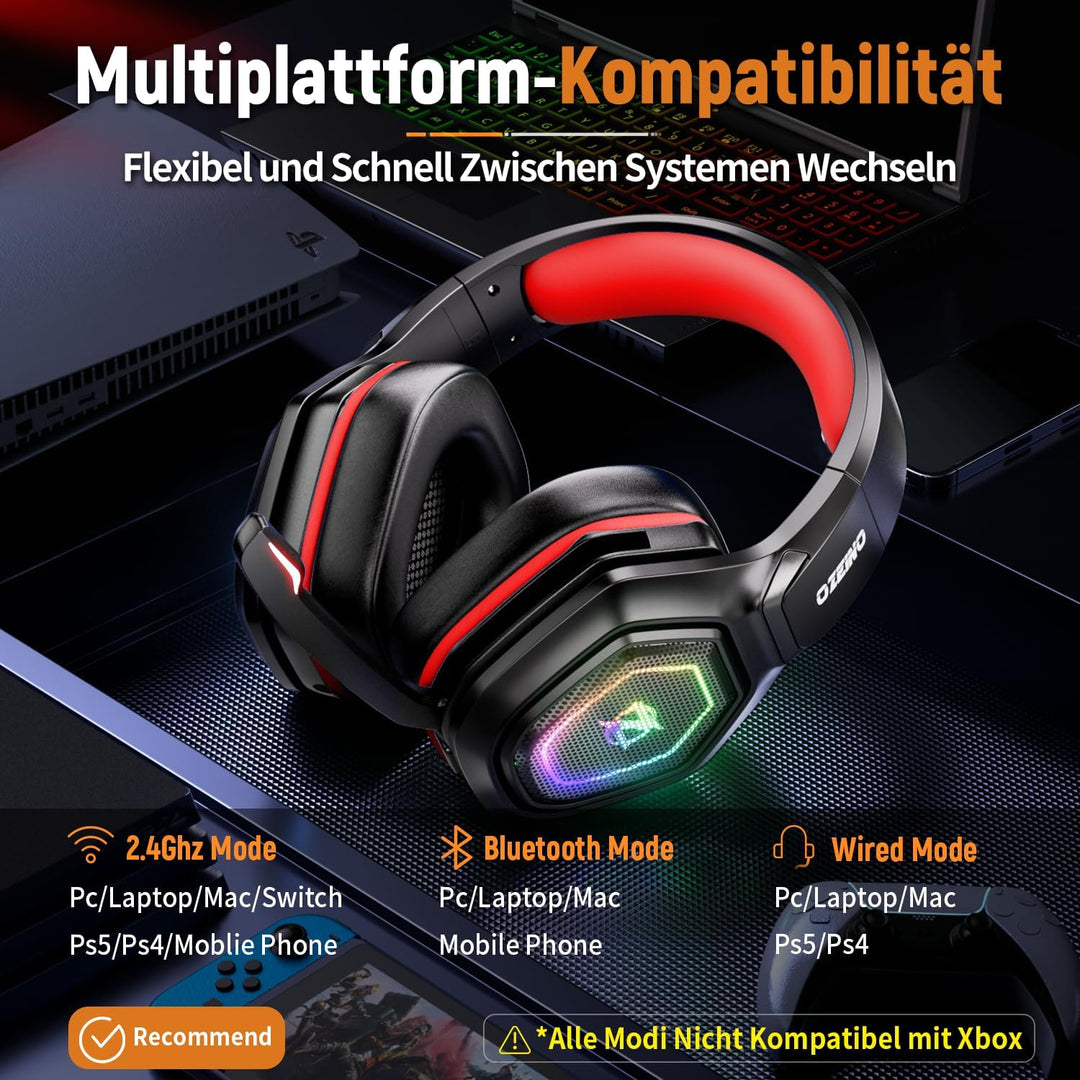 Ozeino Wireless Gaming Headset für Ps5/Ps4/Switch, 2.4GHz Gaming Kopfhörer mit Noise Cancelling Mic