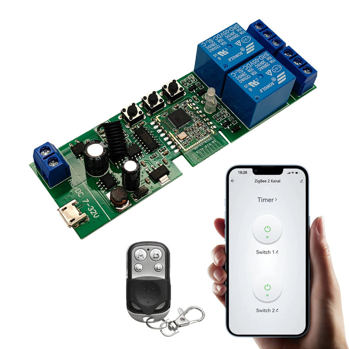 Jane Eyre Zigbee Tuya Smart 2 Kanal Smart Relais mit 433 RF Fernbedienung, USB5V DC7-32V augenblickl