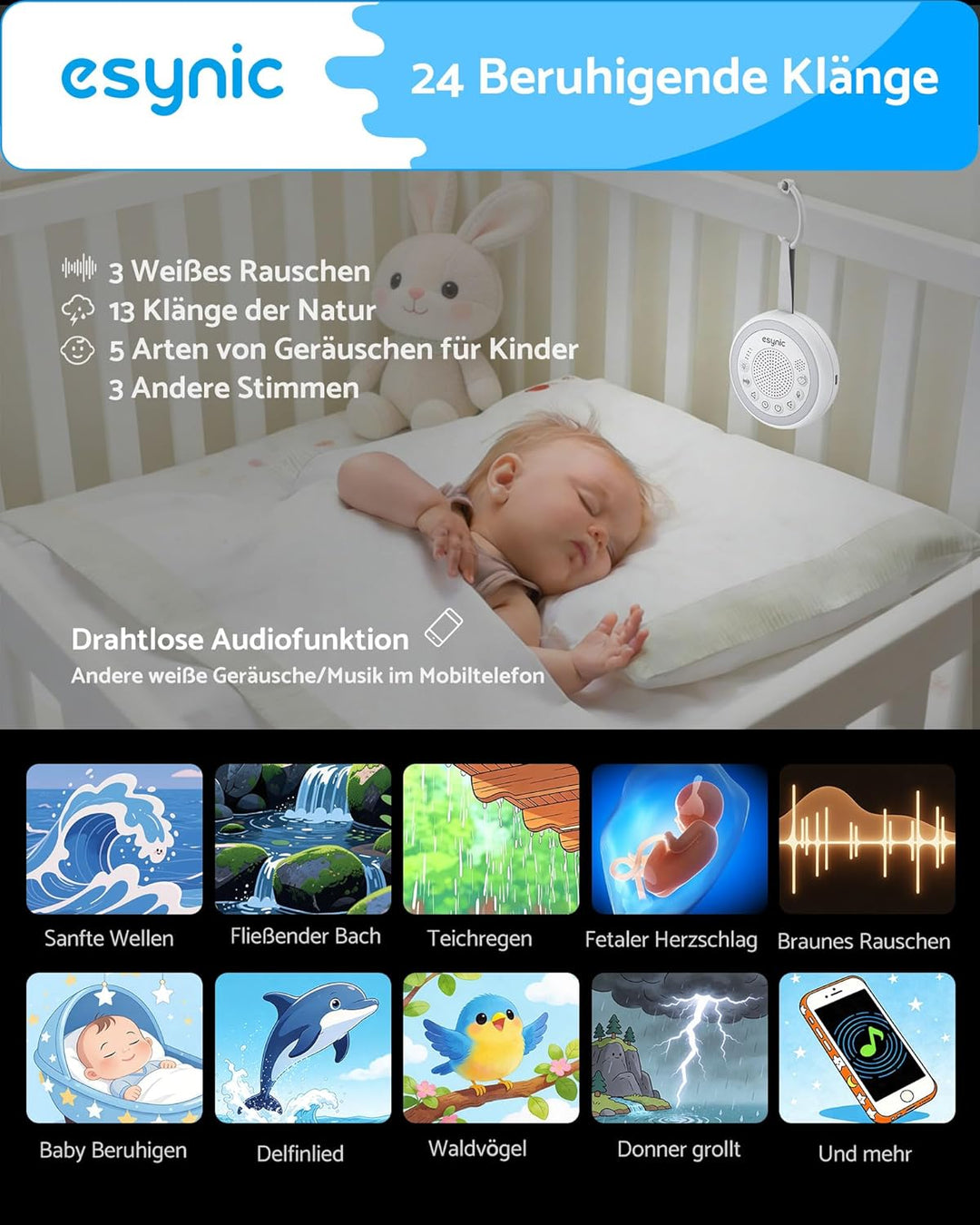 eSynic White Noise Machine für Baby Einschlafhilfen Kinder Weisses Rauschen Machine 24 Sound Weinen-