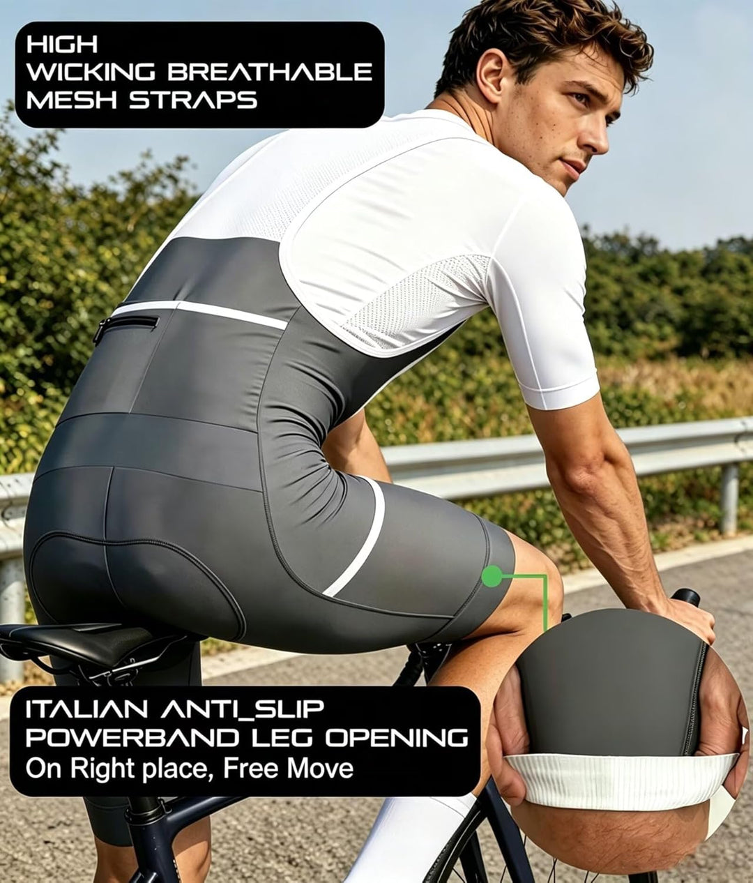 CEROTIPOLAR Radhosen für Herren, Lange Polsterung, Fahrrad-Bib-Shorts UPF50+ L Gray, L Gray