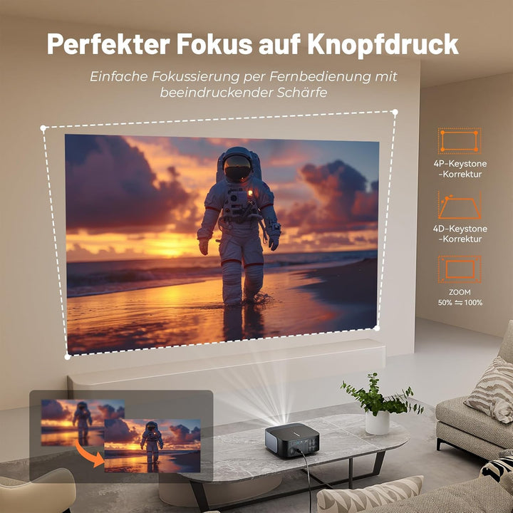 Beamer 4K Kompatibel mit Netflix, Native 1080P, Android 13.0, HDR10, Elektrischer Fokus & Automatisc