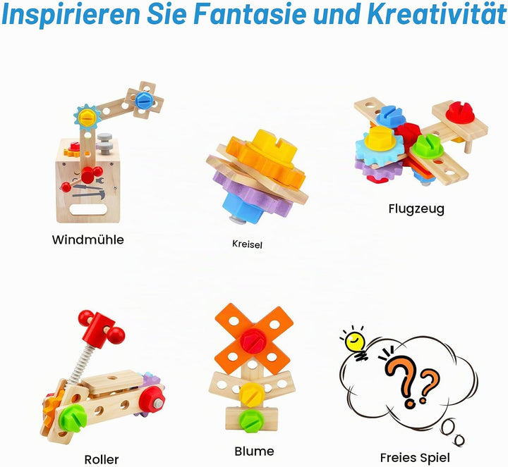 Newpop Werkzeugkoffer Kinder, Kinderwerkzeug, Holzspielzeug Lernspiele, Werkzeugkasten Kinder, Werkz