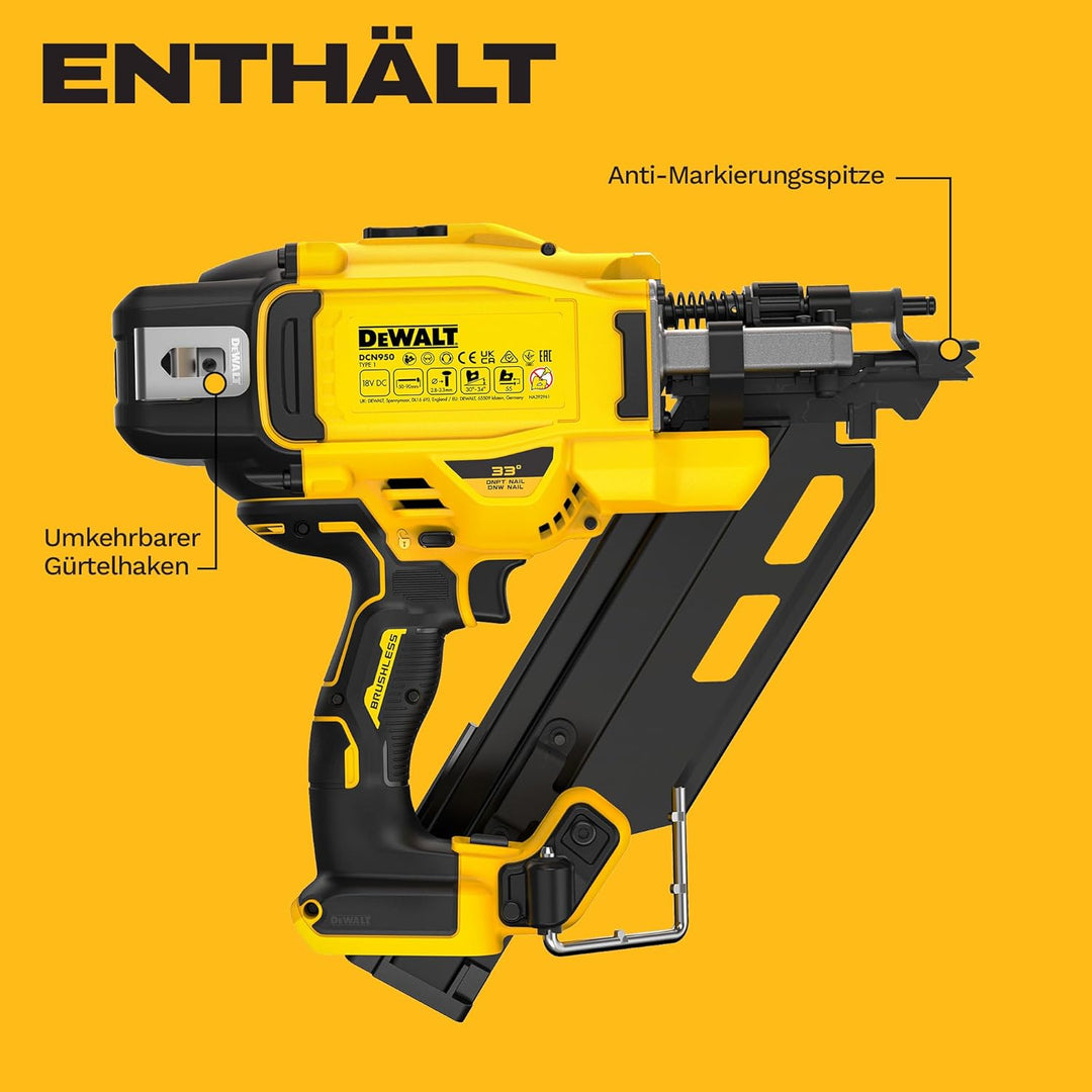 DEWALT 18V XR Akku-Nagler (90mm, bürstenloser Motor, für Ringschaft-Nägel bis 2,8mm, Einzelauslösung
