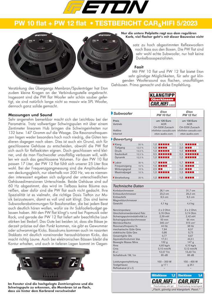 ETON PW 10 Flat – Druckvoller, Flacher 25 cm / 10 Zoll Langhub Subwoofer, Bass fürs Auto, Tiefton La